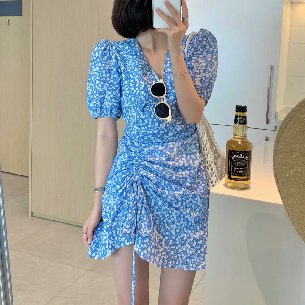 Đầm Hoa Đuôi Cá Cổ Chữ v Dáng Ôm Phối Dây Rút Xếp Ly Thời Trang Mùa Xuân Hàn Quốc Mới