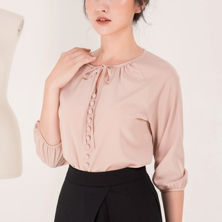 Áo SƠ MI LỤA cổ tròn điểm cúc ngực