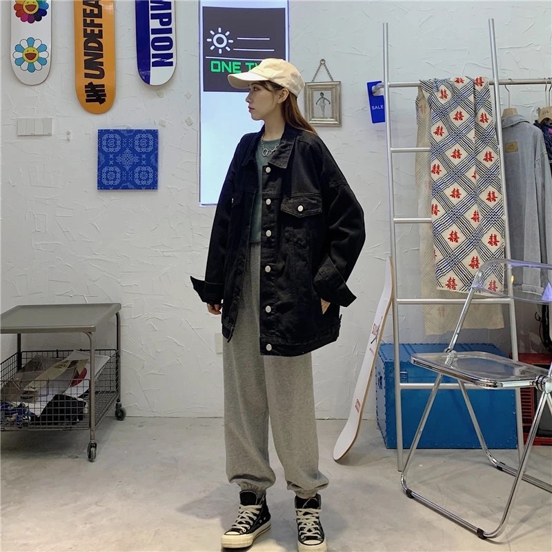 Áo Khoác Bò Denim Áo Jean Dài Tay Màu Đen Nam Nữ Unisex Phong Cách Ulzzang Basic chất loại 1 Quảng Châu