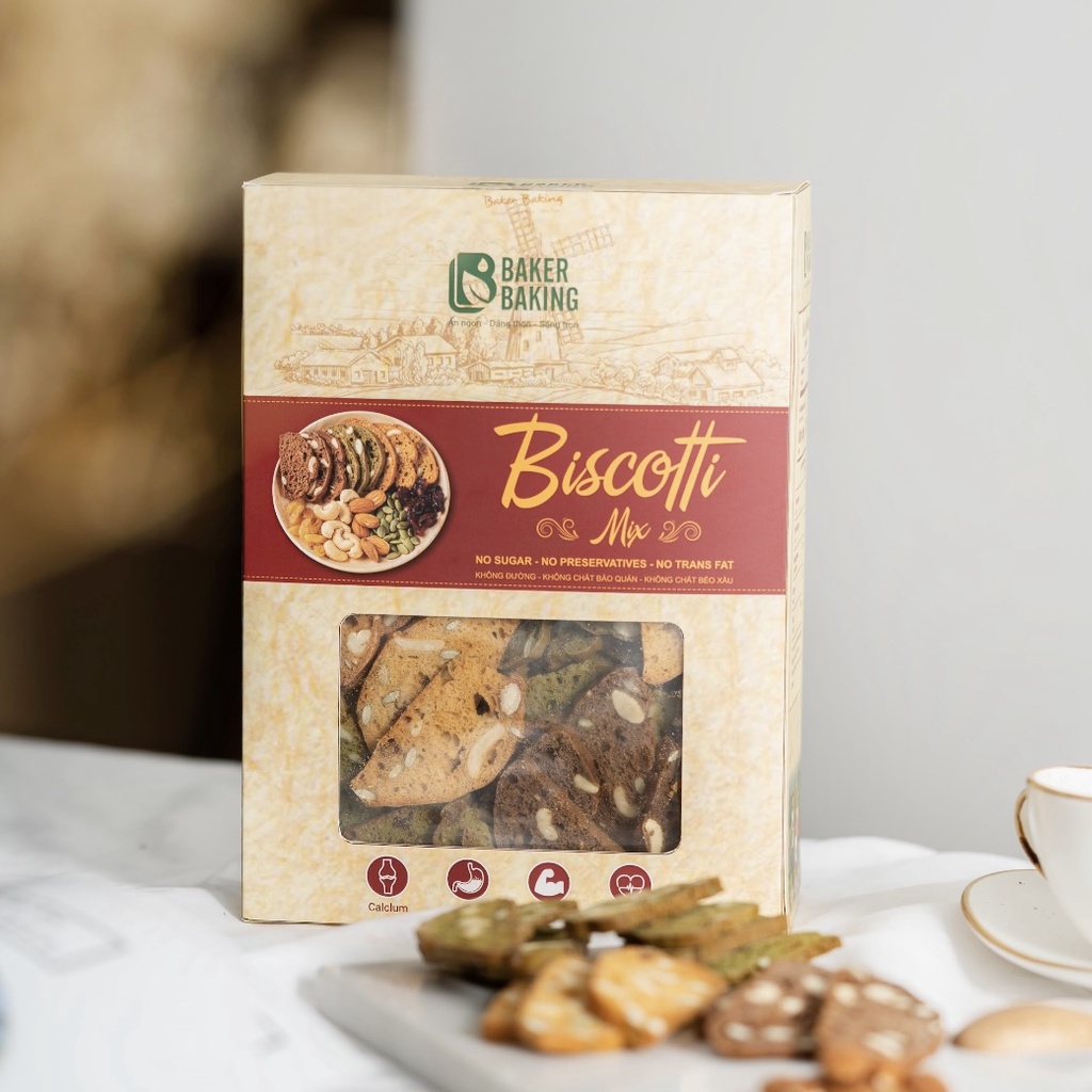 Bánh Biscotti Baker Baking nguyên cám mix không đường, không chất bảo quản dành cho người tiểu đường, ăn kiêng 100-500g