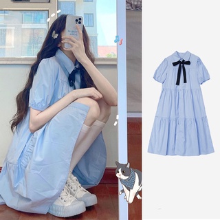 Váy đầm công chúa màu xanh đuôi tầng nơ cổ dáng babydoll tay ngắn mùa hè phong cách Hàn Quốc