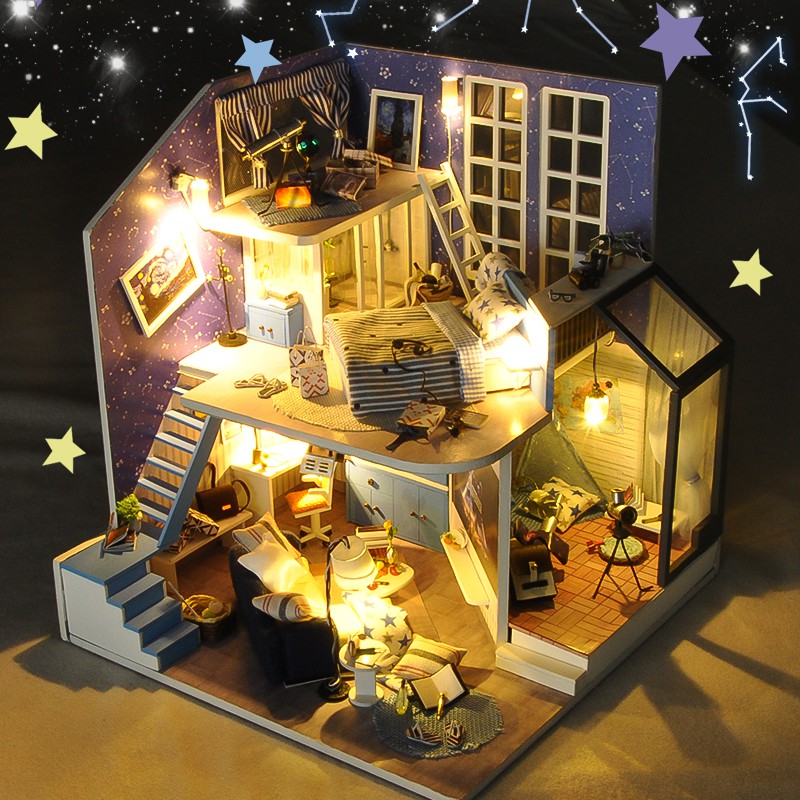 Mô hình nhà DIY Doll House Romantic Little Nightlight Kèm Mica Chống bụi, Bộ dụng cụ và Keo dán