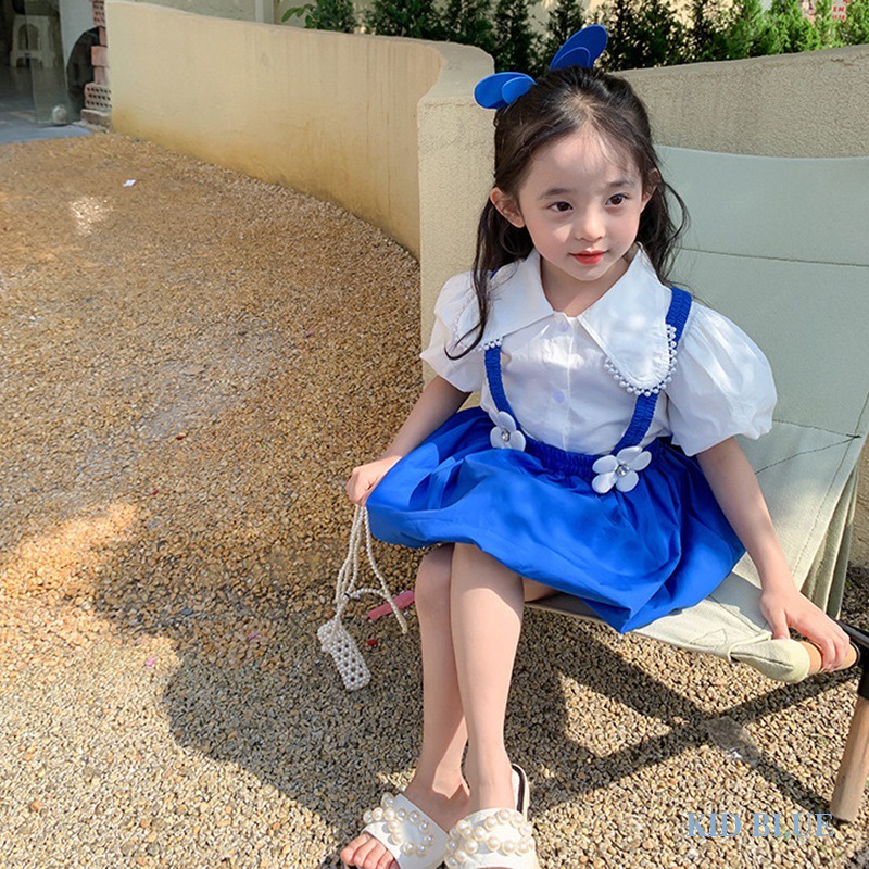 Bộ Áo Sơ Mi Phối Chân Váy Yếm Màu Xanh Dương Thời Trang Mùa Hè Xinh Xắn Cho Bé Gái