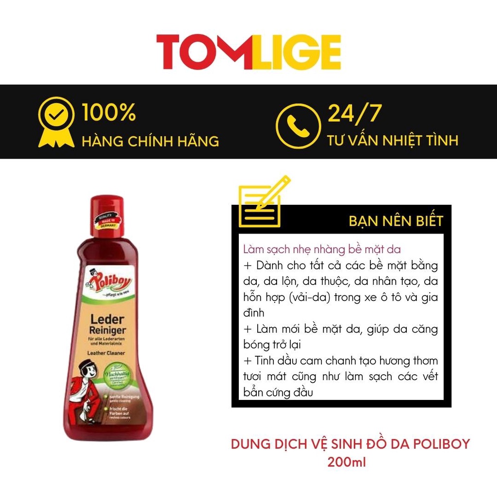 Làm Sạch Đồ Da Poliboy Vệ Sinh Giày Da, Túi Da, Làm Mới Ghế Da Ô Tô, Sofa Da 200ml Tomlige Kèm Quà Tặng
