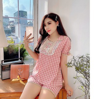 Bộ ngủ - bộ mặc nhà - bộ đi chơi thô kẻ caro phối ren sang chảnh nopi shop