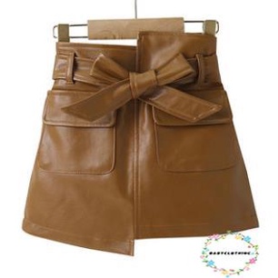 Chân váy ngắn da PU dáng chữ A lưng cao màu trơn có túi và dây thắt lưng thời trang thu đông dành cho bé gái