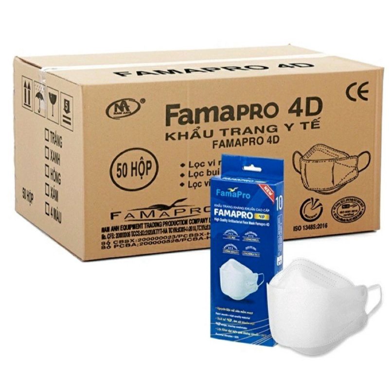 4D MASK (KF94)-THÙNG 500 CÁI-Thùng Khẩu trang y tế cao cấp kháng khuẩn 3 lớp Famapro 4D màu trắng