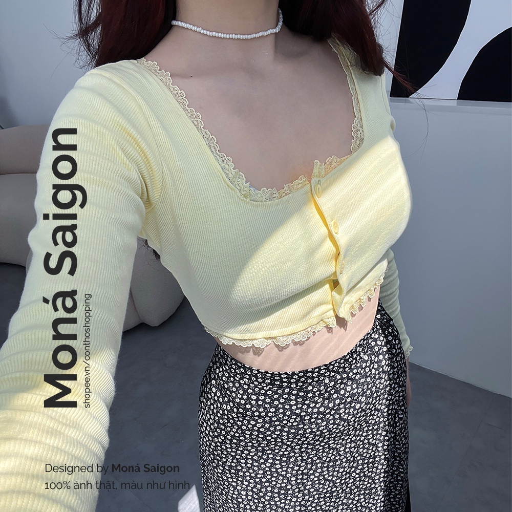 MONÁ - Áo croptop tay dài cài khuy phối ren - WENDY TOP