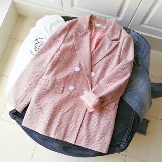 [Order] Áo blazer kẻ hồng pastel (kèm ảnh thật)