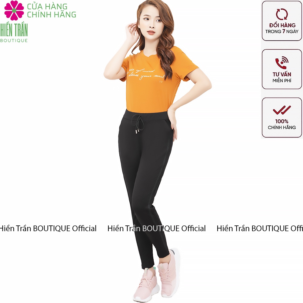 Quần jogger nữ Hiền Trần BOUTIQUE dáng dài cạp chun dây buộc, sọc kim tuyến 2 bên