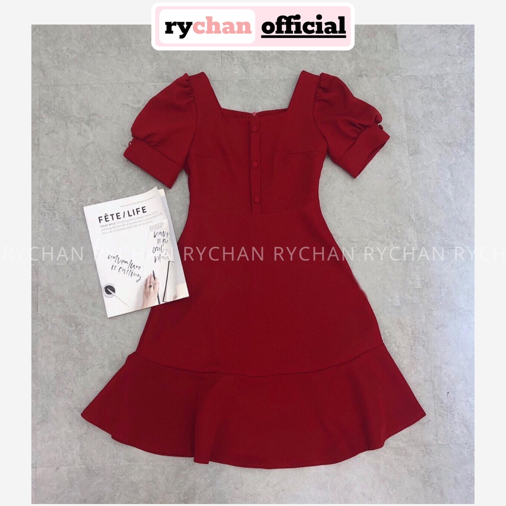 DX816 - Đầm Xòe Màu Đỏ Đuôi Cá Nút Bọc Cổ Vuông [ẢNH THẬT CUỐI]