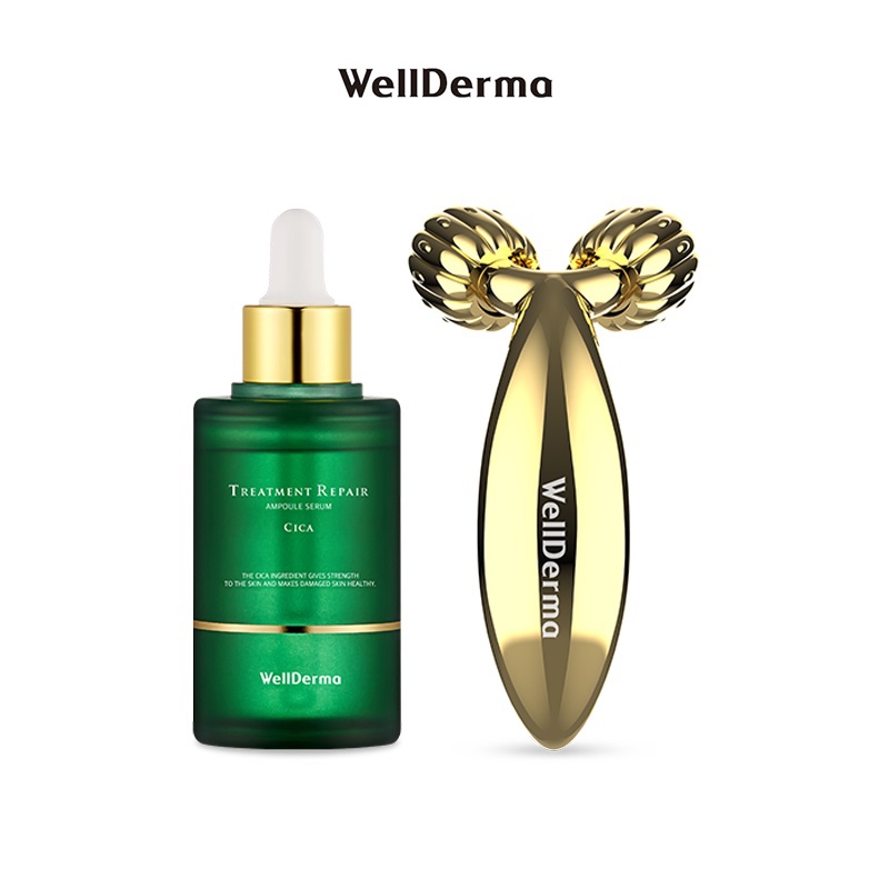 Bộ huyết thanh serum Cica và con lăn Wellderma v-line mini Cica Beauty Care Serum & Roller Set