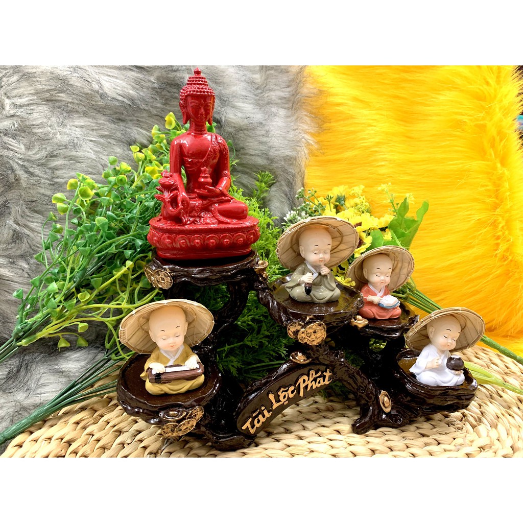 Tượng Phật Thích Ca và các chú tiểu Cầm Kỳ nón lá tọa đế Tài Lộc Phát