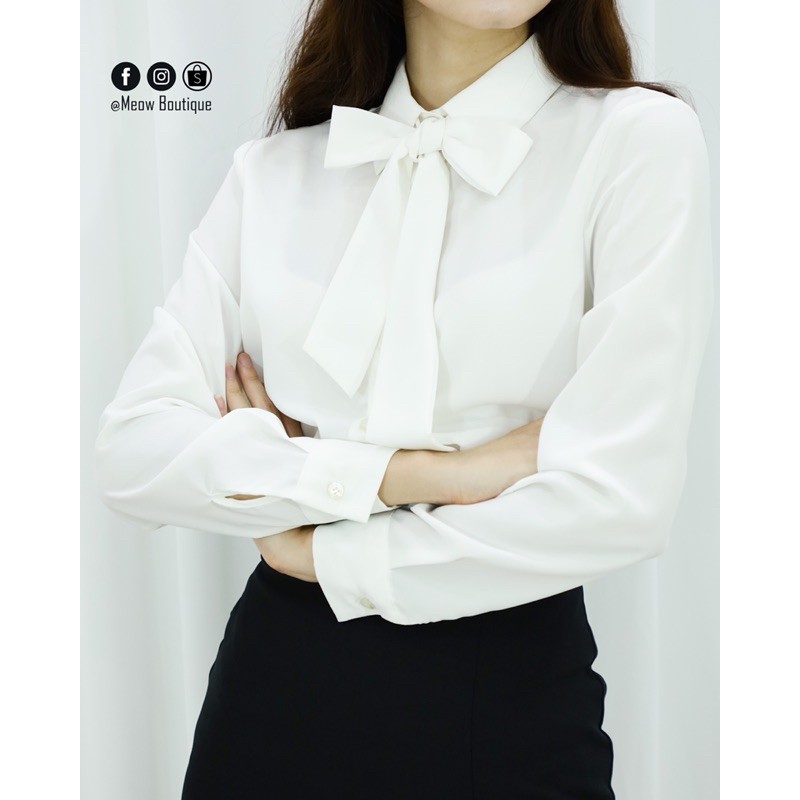 Sơ mi trơn tay dài thắt nơ 3 màu trending, chất Lụa mềm rũ mát, dây nơ có thể tháo rời mặc được nhiều kiểu Meow Boutique | BigBuy360 - bigbuy360.vn