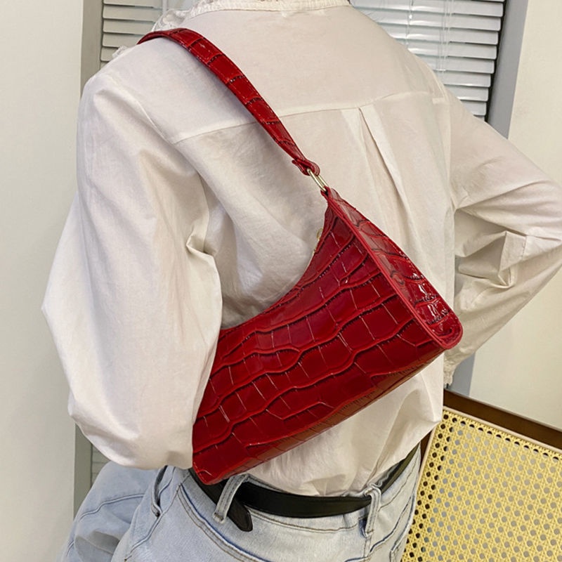 Túi Xách Đeo Vai/Kẹp Nách Vân Da Cá Sấu Phối Dây Xích Kiểu Pháp Thời Trang Cho Nữ