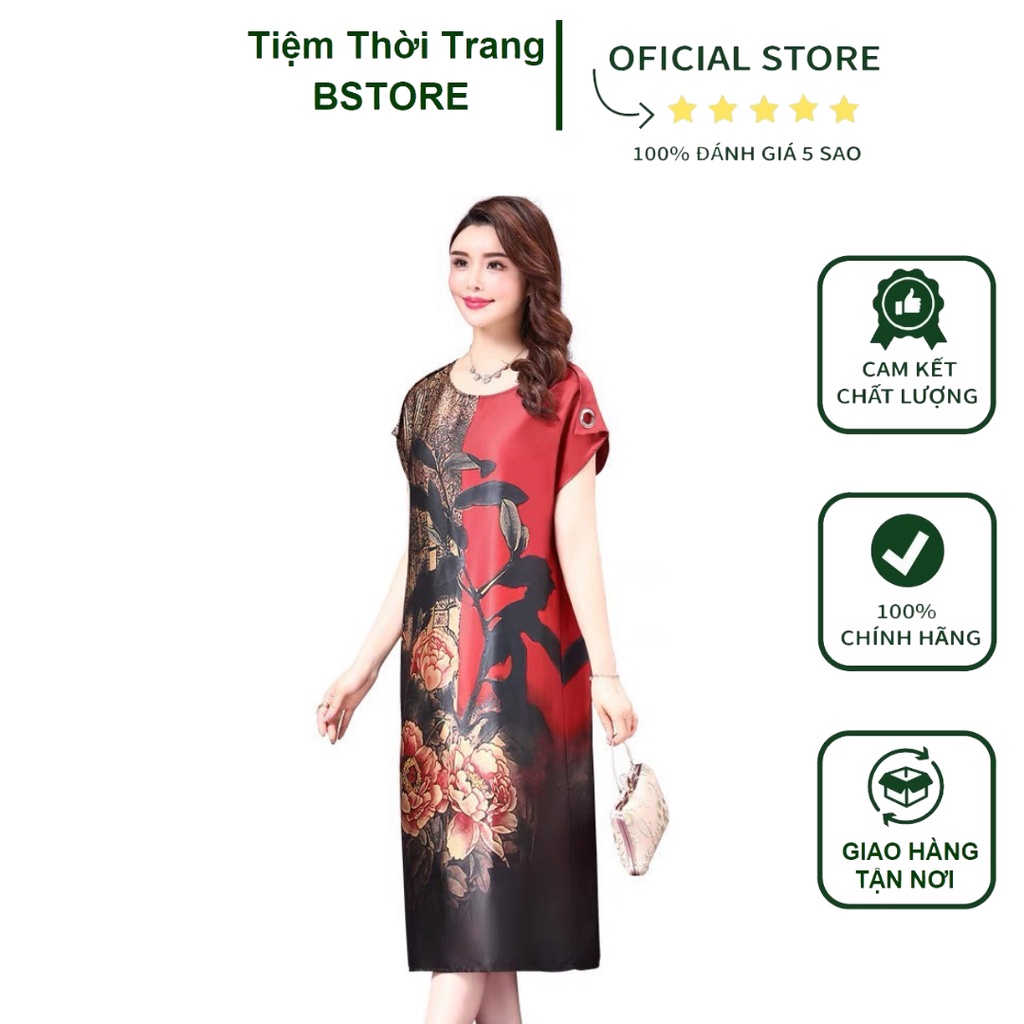 Váy Lụa Trung Niên in Hoa Mẫu Đơn Phối Màu Siêu Đẹp