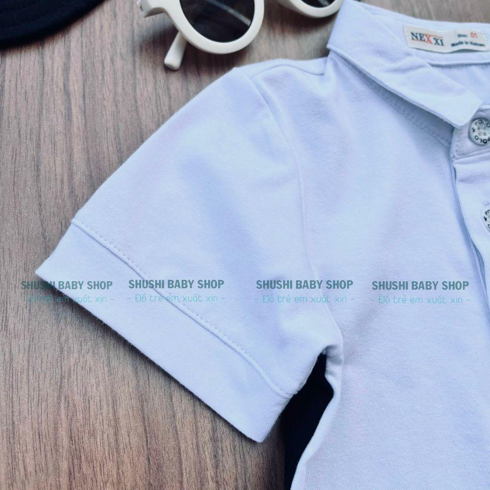 Áo thun Polo trắng cổ bẻ dáng basic bé trai Nexxi đáp lưng màu đen nổi bật Shushibaby
