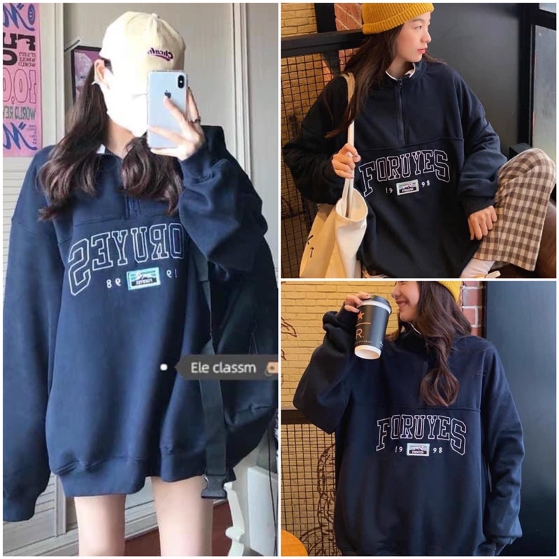 Áo sweater nữ chất nỉ dày dặn JUNE form rộng in chữ FORUYES kéo khóa cổ unisex mặc thu đông đẹp chuẩn ảnh