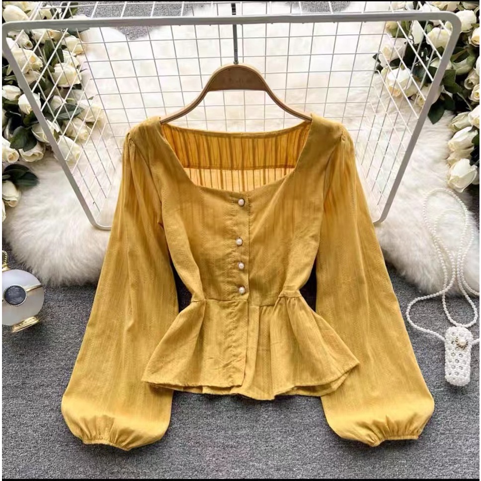 Áo kiểu BH tay dài phồng cổ vuông phong cách retro Hàn Quốc cho nữ