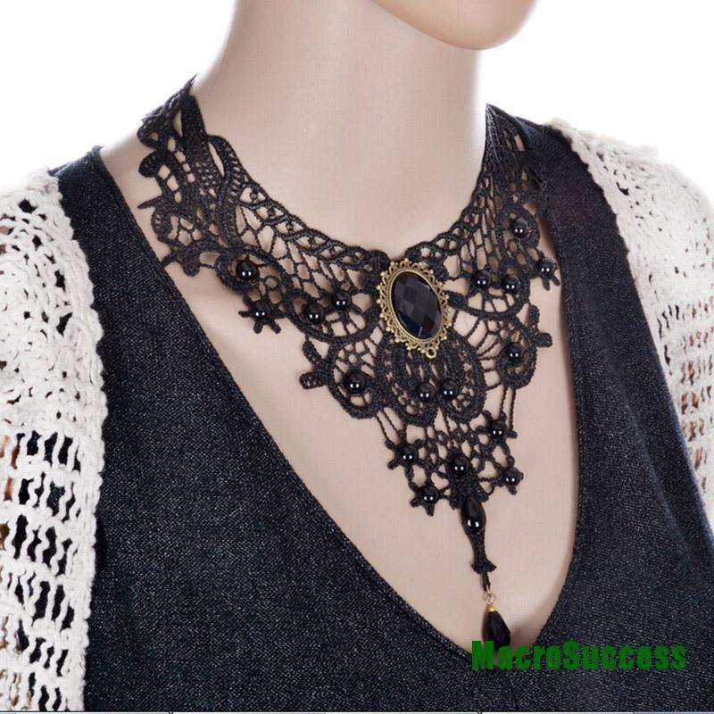 Vòng Cổ Choker Vải Ren Màu Đen Đính Hạt Phong Cách Gothic