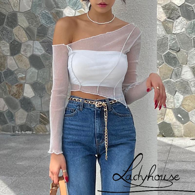 Áo Thun Crop Top Tay Dài Vải Lưới Mỏng Lấp Lánh Thời Trang Cho Bạn Gái