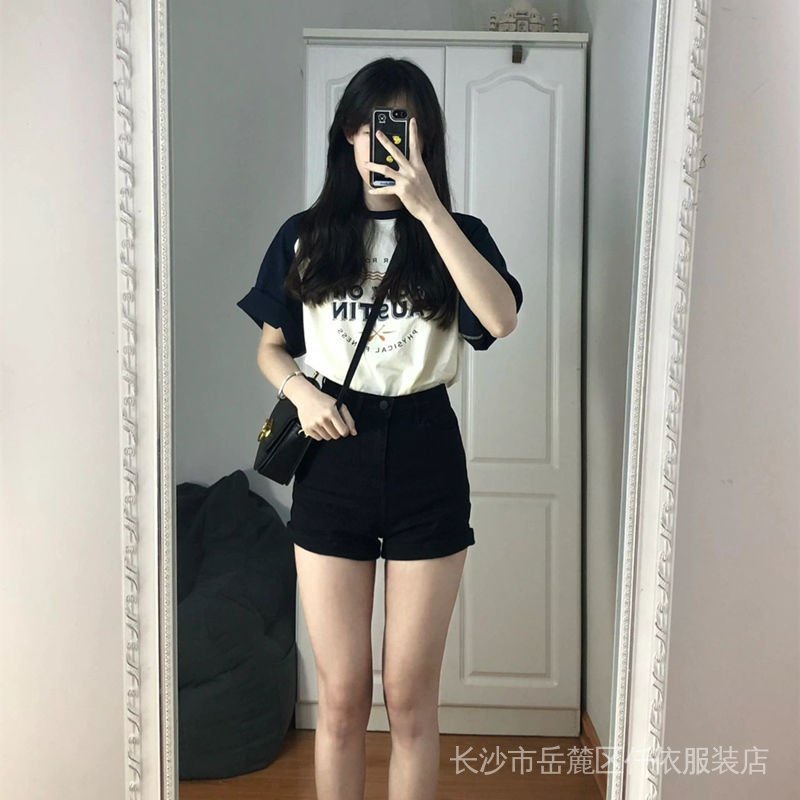 Contrast color printing design sense niche short-sleeved T-shirt women's summer ins fashion brand student loose Hong Kong flavor chic top