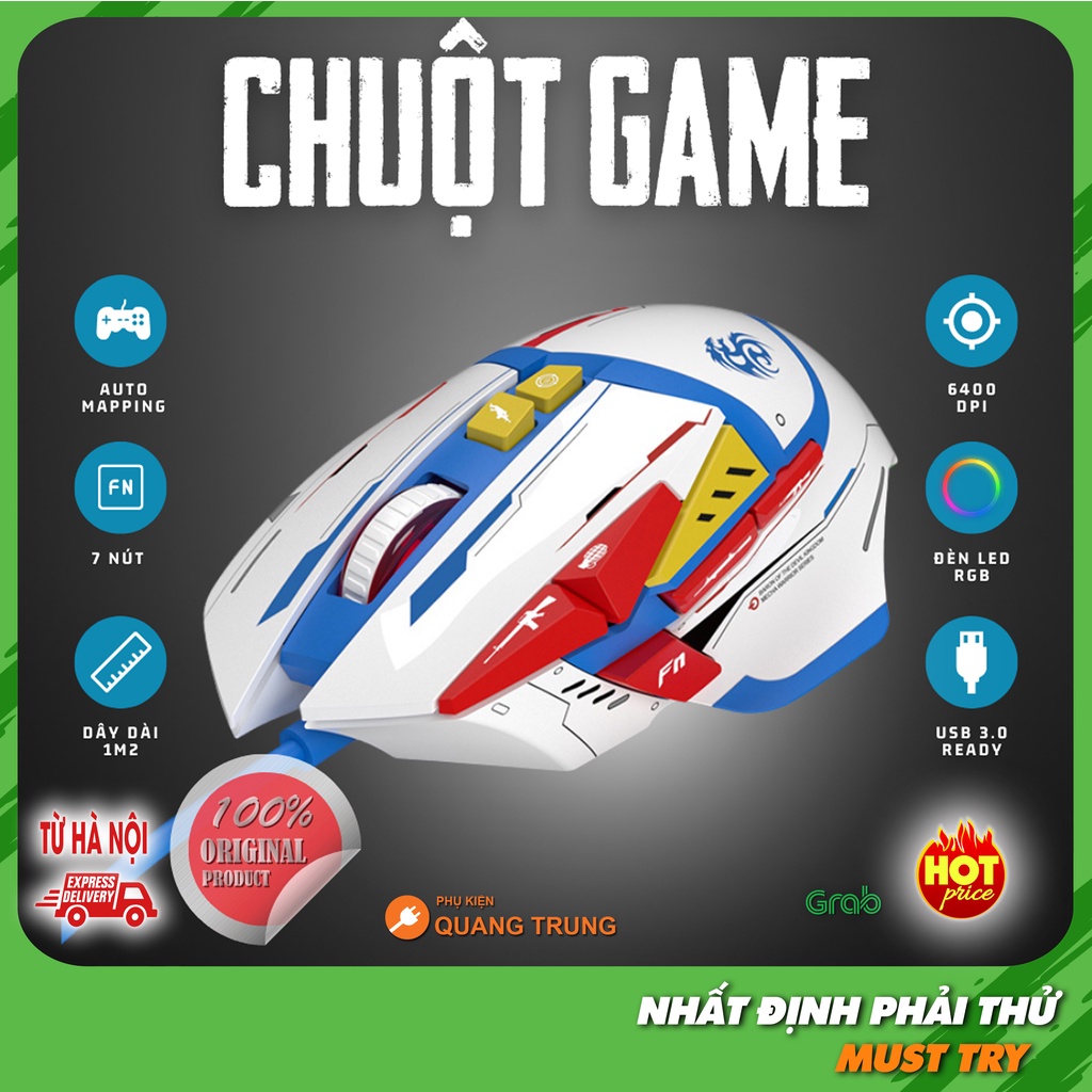 Chuột gaming Ghost 11D, chuột máy tính có đèn led RGB, độ phân giải cao 6400DPI, cổng cắm USB