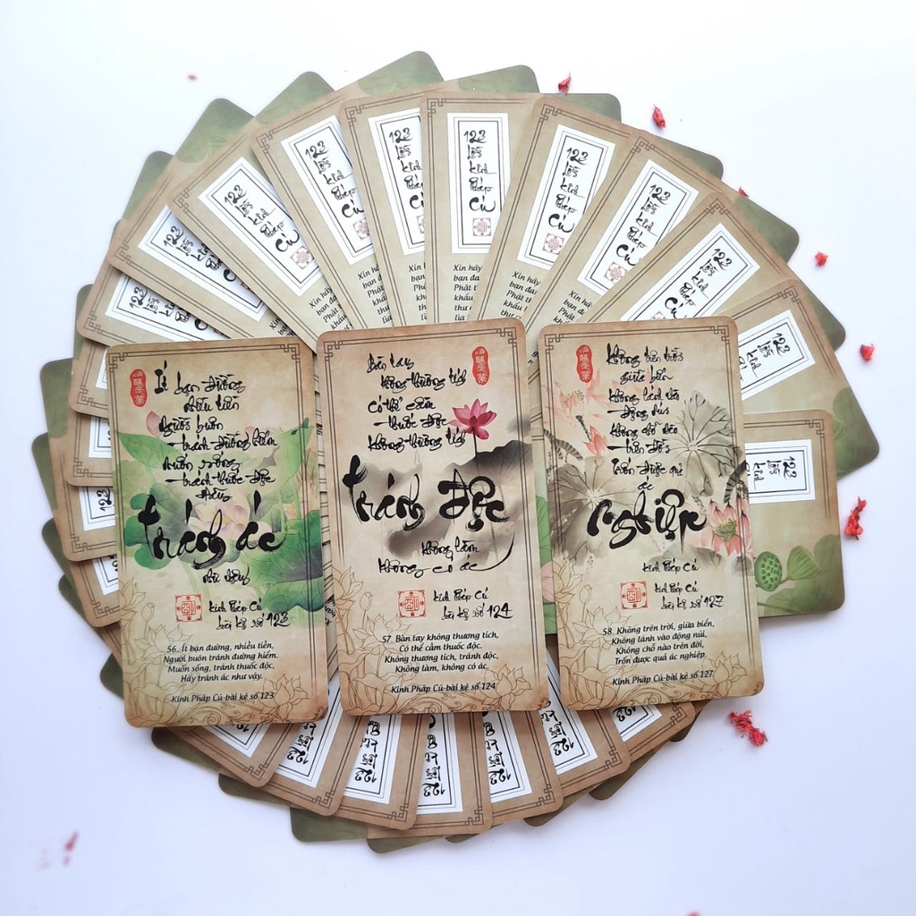 Bộ bài thư pháp 123 LỜI KINH PHÁP CÚ | 123 lá | 7cm x 13cm | Lá duyên