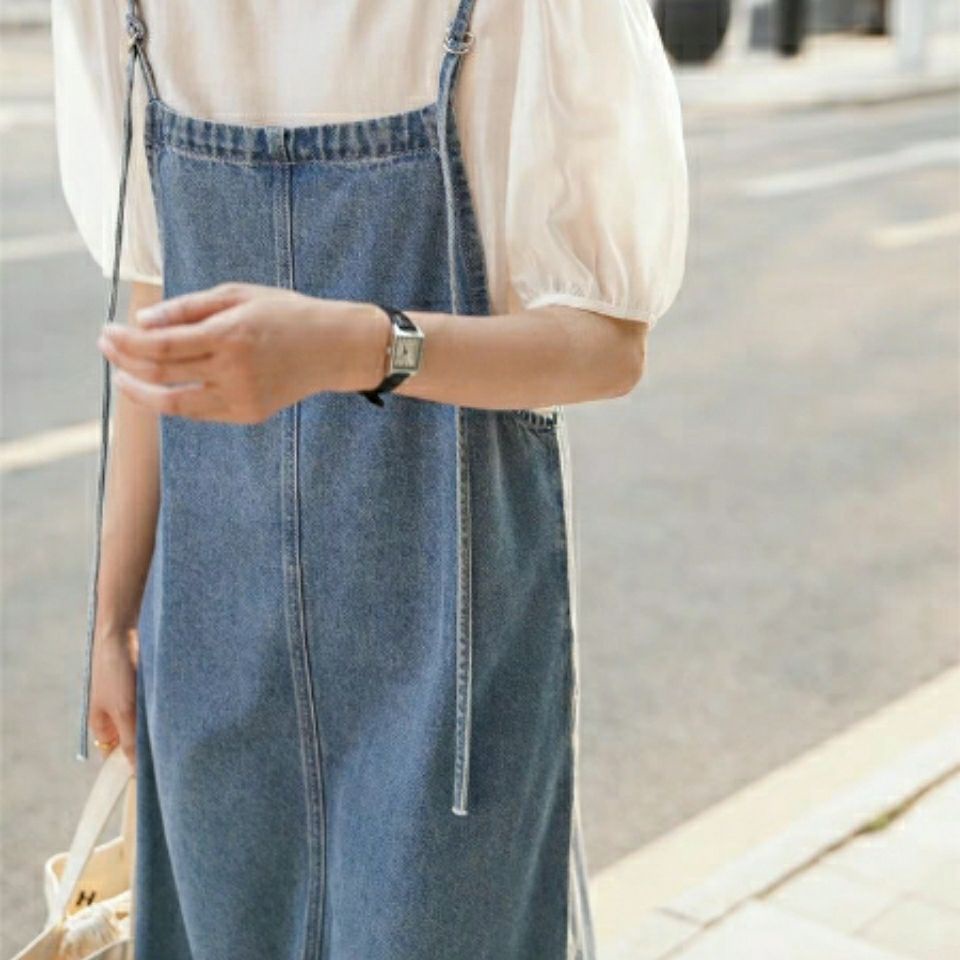 [LININ] Đầm Yếm Denim Dài Qua Gối Không Tay Dáng Rộng Phong Cách Hàn Quốc Mới