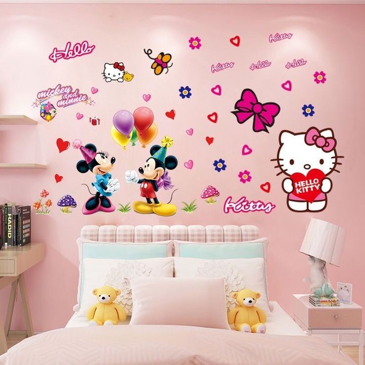 ⚡️𝐅𝐑𝐄𝐄 𝐒𝐇𝐈𝐏⚡️ COMBO Decal dán tường Mickey - Kity nơ chống thấm nước, decal hít công nghệ cao