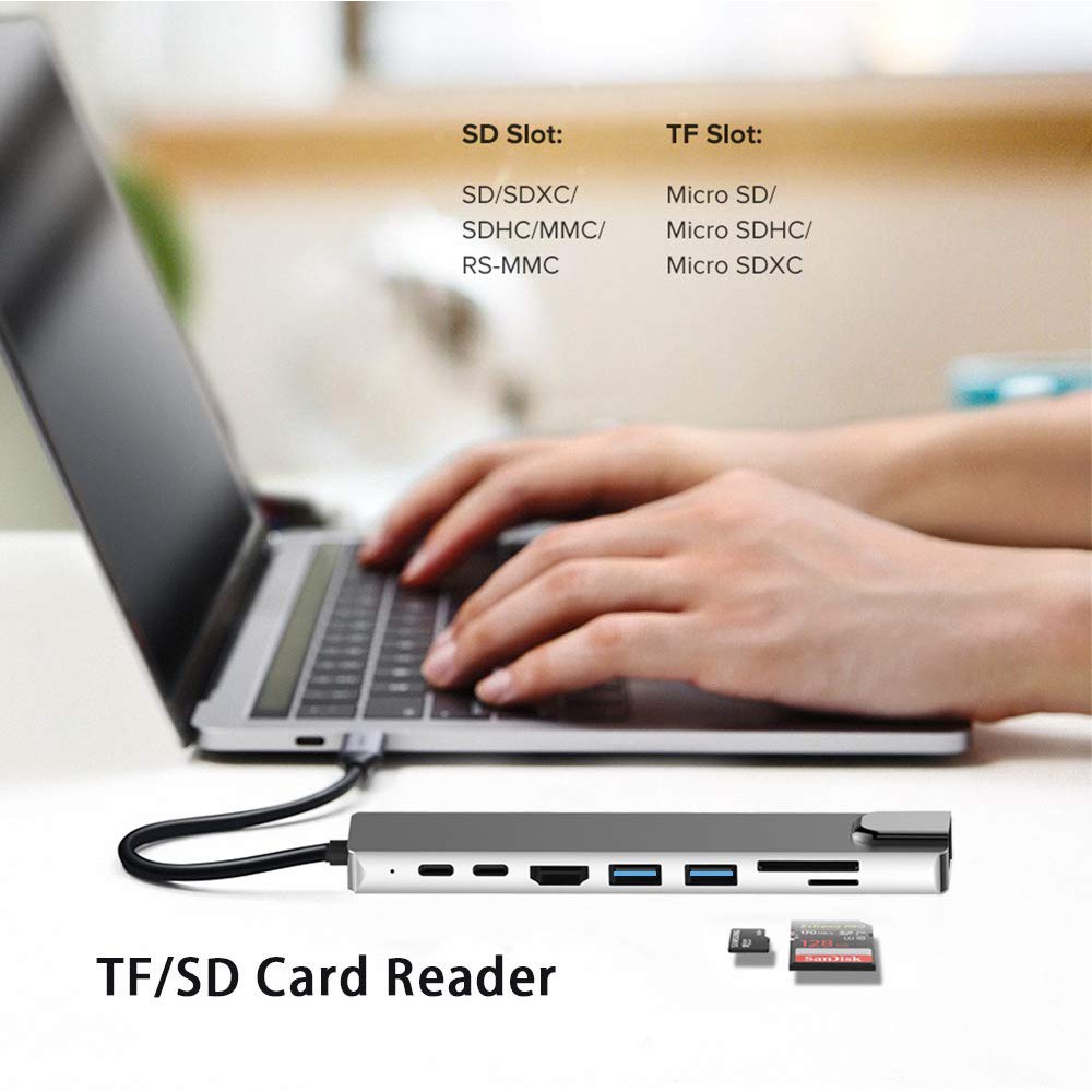 Hub Usb Type-c 8 cổng cho Macbook, Samsung Dex - xuất HDMI, Ethernet, TF, SD, USB 3.0