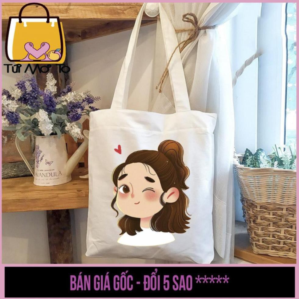 Úi tote, túi vải canvas VUÔNG, có khóa kéo in hình Cô Gái TÓC NGẮN - Túi Mơ Tro store