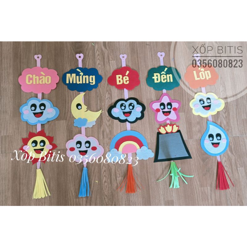 Rèm treo Chào mừng bé đến lớp vải nỉ trang trí mầm non