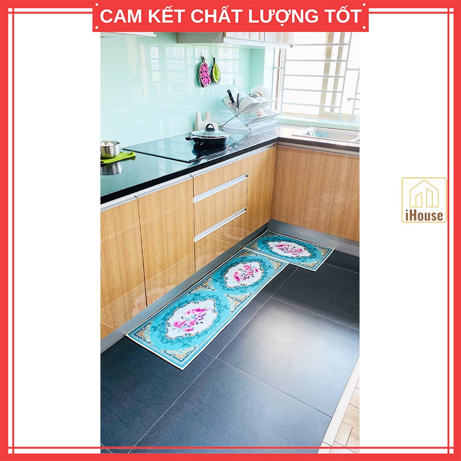 Bộ thảm lau chân nhà bếp họa tiết Cổ Điển nền xanh da trời, thảm nhà bếp dài trang trí bền đẹp (gồm 2 miếng)