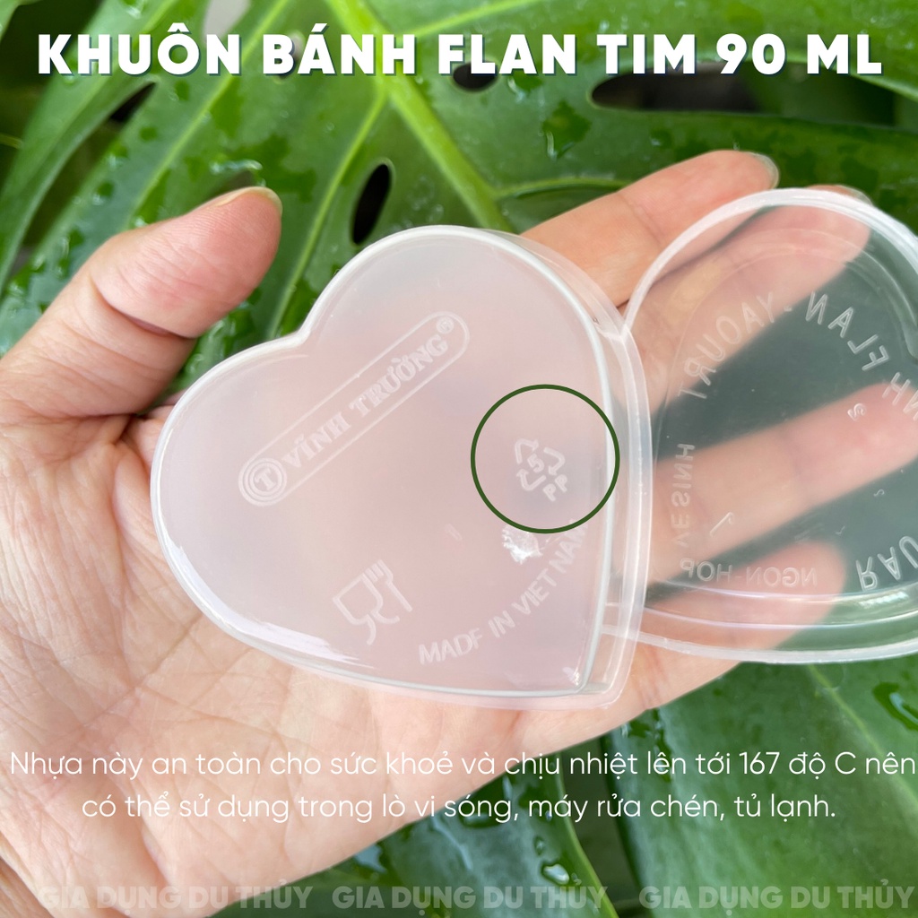 Khuôn làm bánh flan hình tim, khuôn làm bánh da lợn hình tim có nắp đậy dung tích 90 ml nhựa PP chính phẩm chịu nhiệt