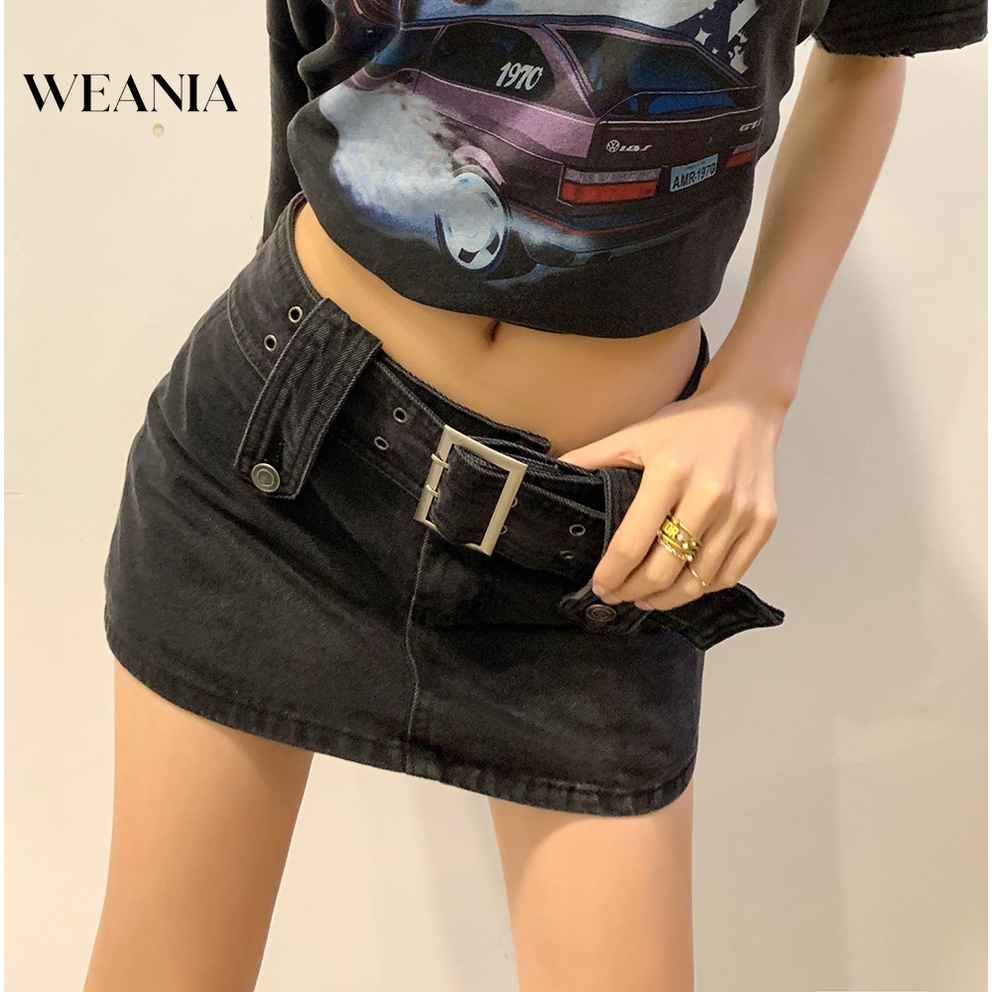 Chân Váy Denim Lưng Thấp Màu Trơn Phối Thắt Lưng Kiểu Hàn Quốc Cá Tính