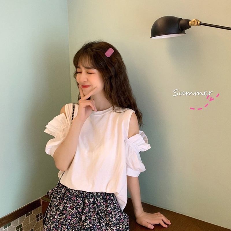 Áo Thun Cổ Tròn Tay Ngắn Phồng Màu Trơn Thời Trang Mùa Hè Dành Cho Nữ