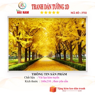 Tranh dán tường 3D phong cảnh mùa thu vàng khổ lớn - vải lụa kim tuyến - kích thước theo yêu cầu