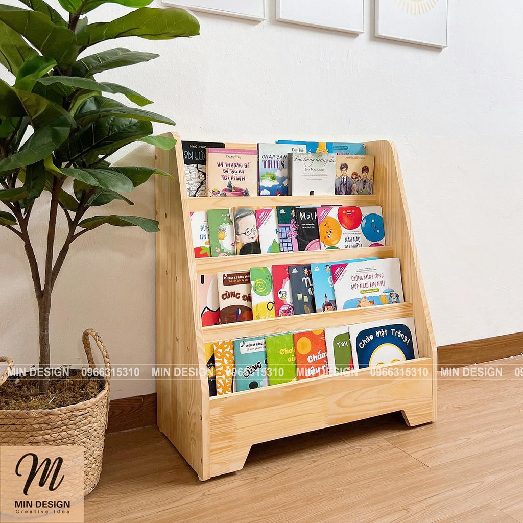 Kệ giá sách cho bé, kệ đựng sách 4 tầng đa năng MIN DESIGN,Gỗ Thông tự nhiên nhập khẩu cao cấp,an toàn cho bé khi dùng!