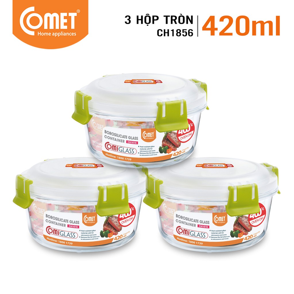 [Mã LIFECOMET05 giảm 10% tối đa 50K đơn 100K] Combo 3 hộp thực phẩm thủy tinh COMET CH1856 - 420ml