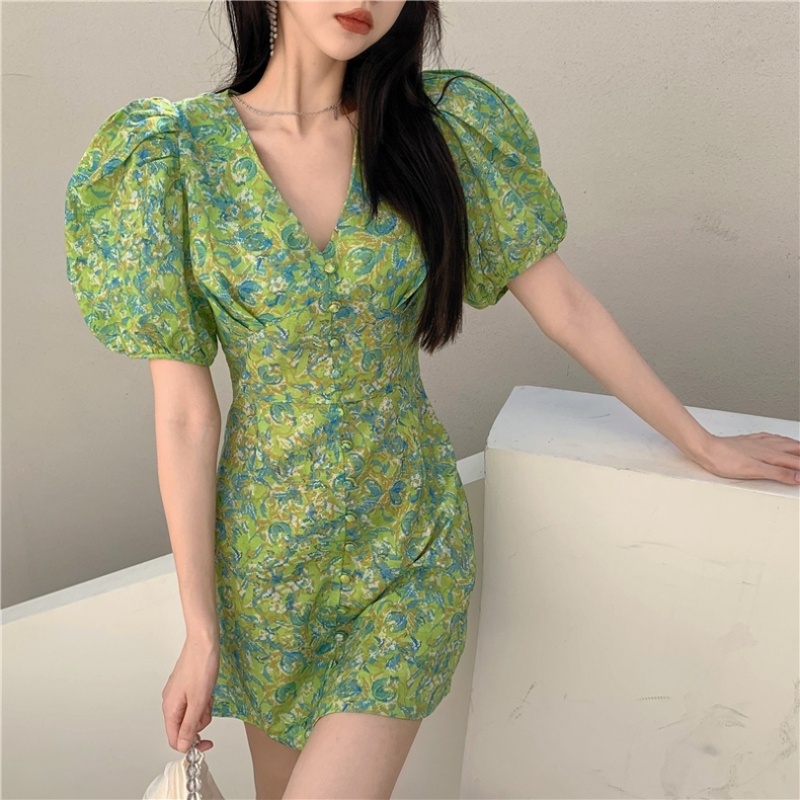 Đầm Chữ A Tay Ngắn Phồng Cổ Chữ V In Họa Tiết Hoa Phong Cách Pháp Cổ Điển Thời Trang Mùa Hè Cho Nữ