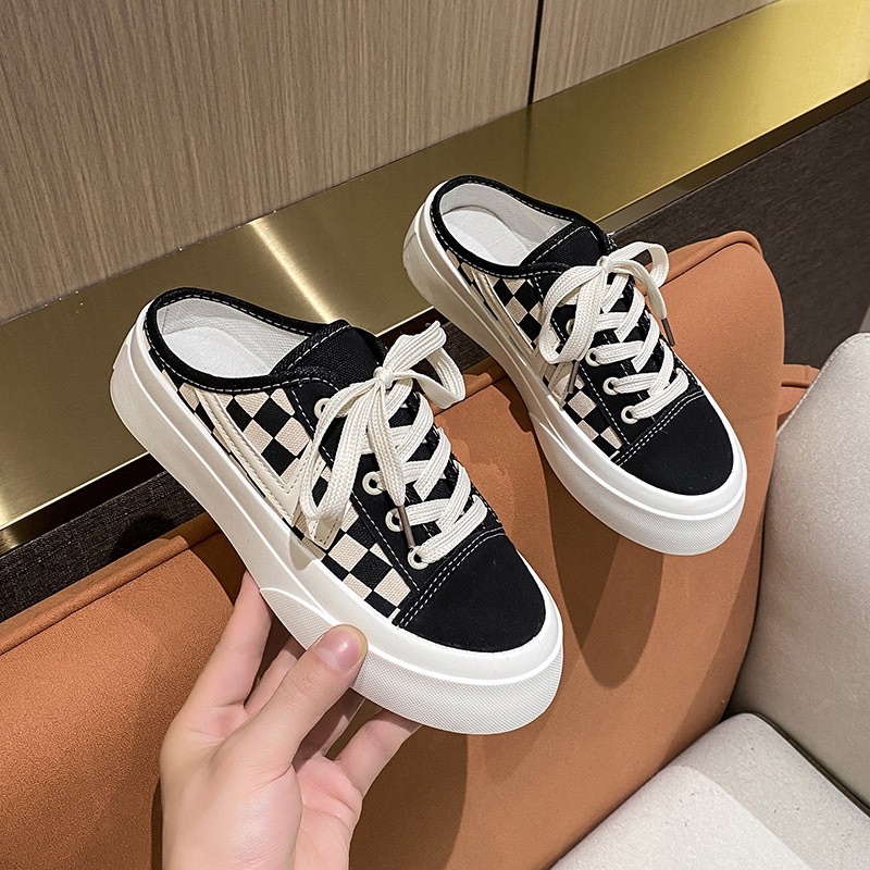 Giày Sục Đạp Gót Nam Nữ ,Sneaker Độn Đế 3cm Đi Học Thể Thao Đẹp Kẻ Ô Vuông Vans