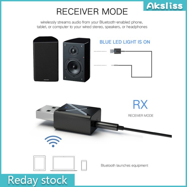 AKS 2 in 1 Bluetooth 5.0 Transmitter Receiver 3.5mm Wireless Stereo Audio Adapter