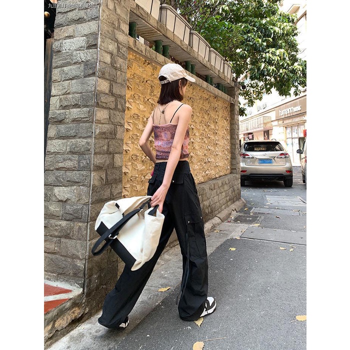 Quần Yếm Ống Rộng Lưng Cao Dây Rút Màu Đen Phong Cách Hip Hop Thời Trang Mùa Hè Cho Nữ