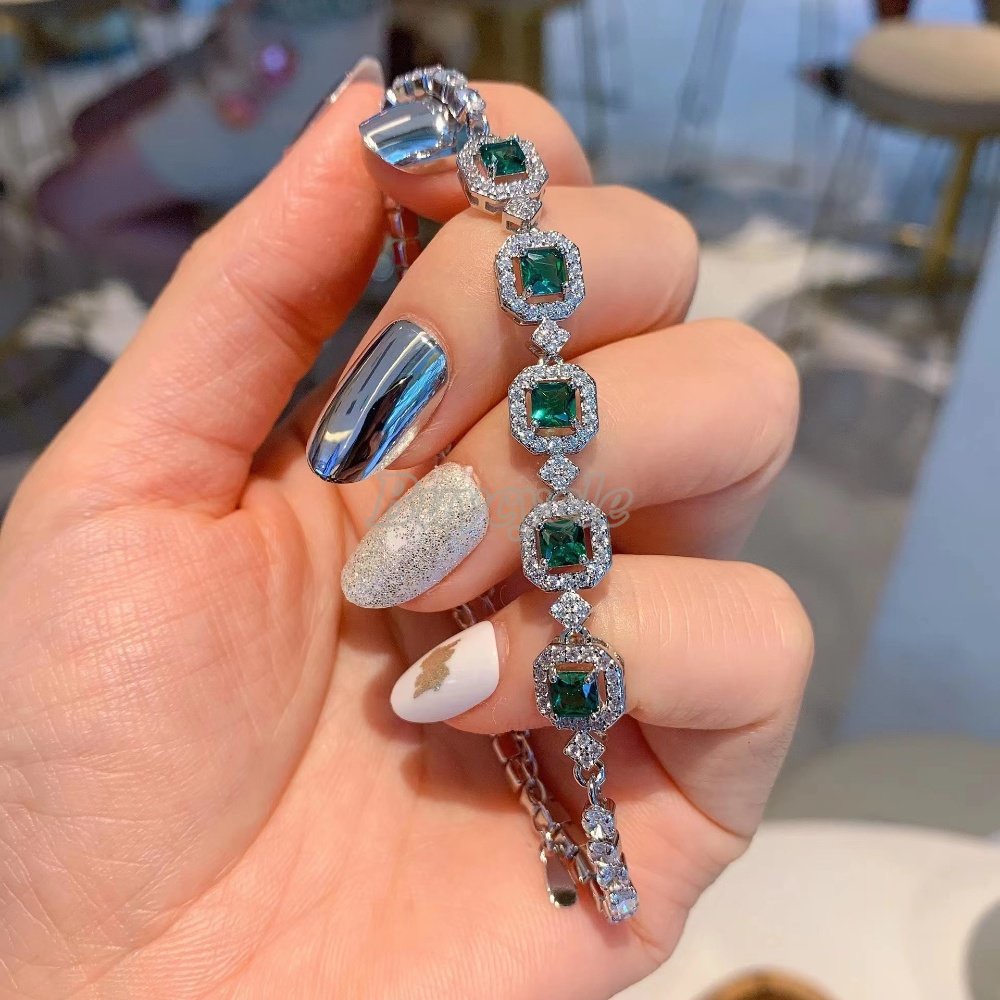 Vòng Tay Công Chúa Tourmaline Hình Vuông Đính Kim Cương Nhân Tạo Màu Sắc Thời Trang Cho Nữ