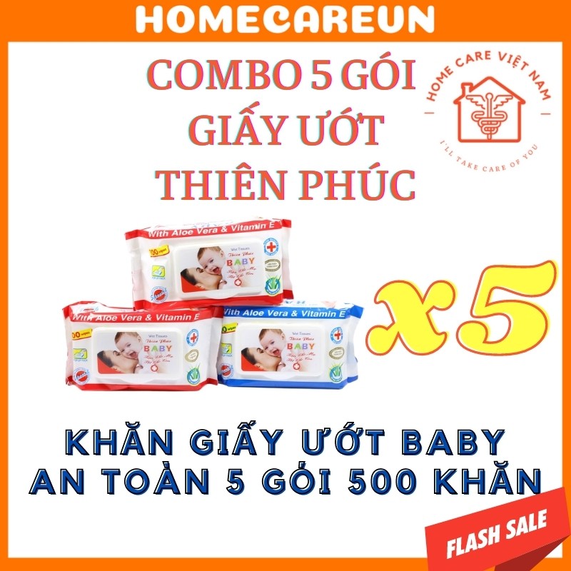 Combo 5 gói khăn giấy ướt Baby Thiên Phúc 1 gói 100 tờ - an toàn sức khoẻ