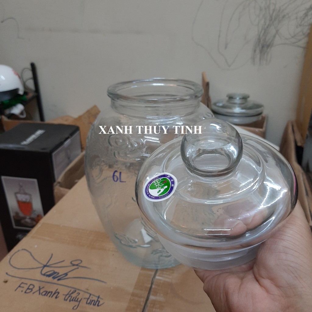 Chum thủy tinh họa tiết rồng phượng, dày dặn - Dung tích - 6 lít