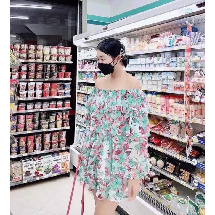 Váy Nữ Hoa Nhí Xanh Ngọc Trễ Vai,Đầm Nữ, Đi Biển, Đi Chơi Chất Liệu Voan Lụa Váy 2 Lớp  Váy Nữ Hoa Nhí Trễ Vai