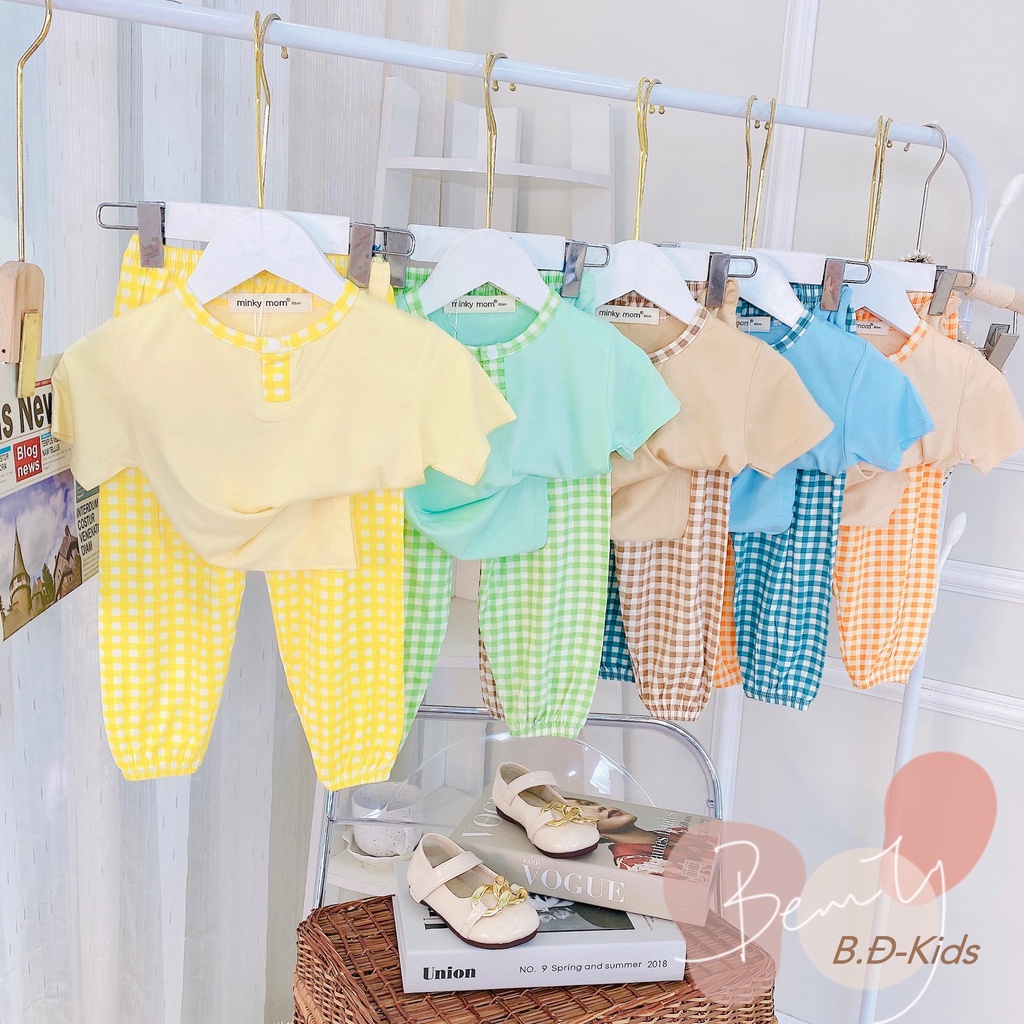 Bộ Tay Cộc Quần Dài Minky Mom Vải Thun Lạnh Caro Cổ Ép Trụ Cúc Bấm Dễ Thương Cho Bé Trai ,Bé Gái (6-19kg)