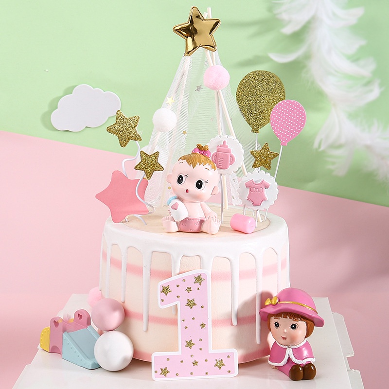 Phụ kiện bánh kem  Cặp đôi em bé bình sữa - Phụ kiện trang trí bánh kem